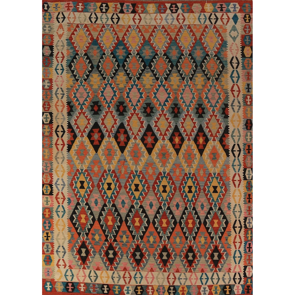 All-Over Trellis Kilim Oriental Area Rug Flatweave Wool Carpet - 8'5"x 12'3"