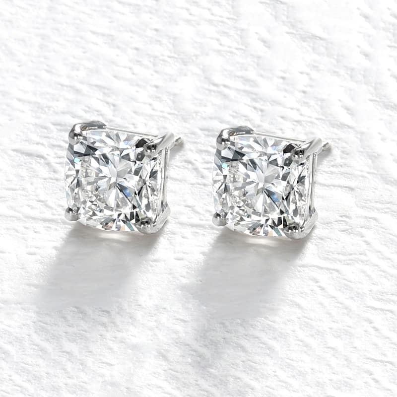 Auriya Lab Grown Cushion 4-Prong Diamond Stud Earrings 2.00 to 10.00 ct. tw. Push-Back (D-E VVS)