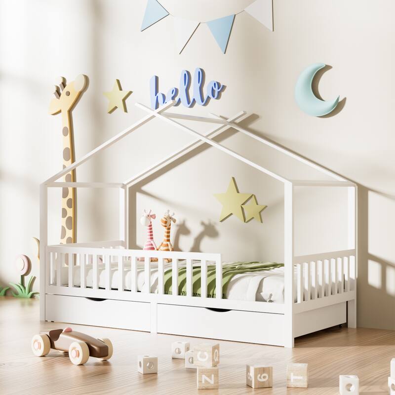 Full House Bed with 2 Storage Drawers, Kids Full Bed Frame with Rails and Roof,Wooden Full Daybed, Full Montessori Bed
