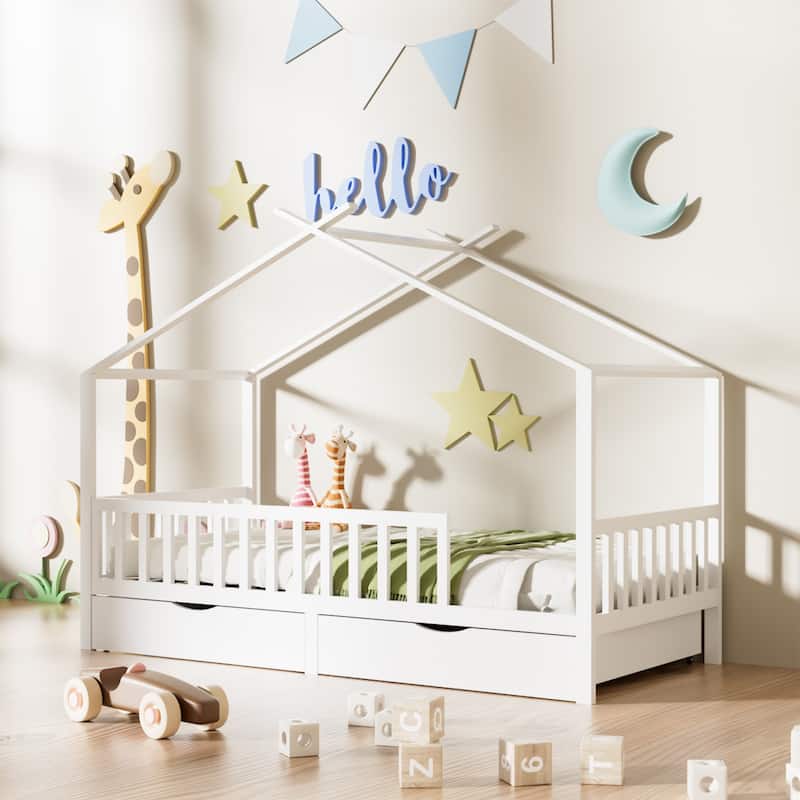 Full House Bed with Storage Drawers, Wooden Tent Bed for Kids, Teens, Girls & Boys, No Box Spring Needed