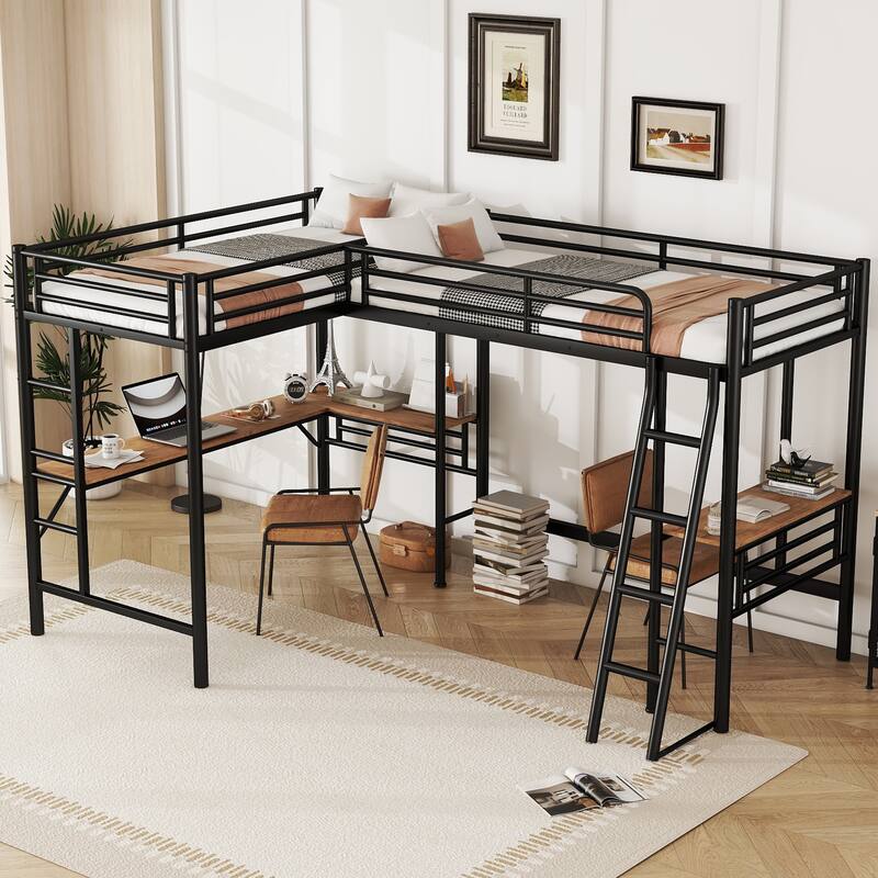 Black Twin Size Double Loft Bed with 2 Built-in Desks, Metal Loft Bed Frame with Safety Guardrails, Space-Saving Noise Free