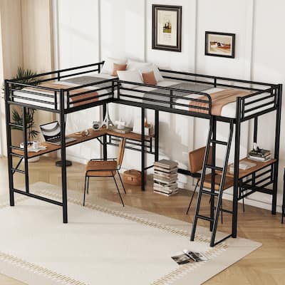Roomfitters Twin Metal Loft Bed with Dual Desks and Integrated Workspace Design for Small Rooms, Black