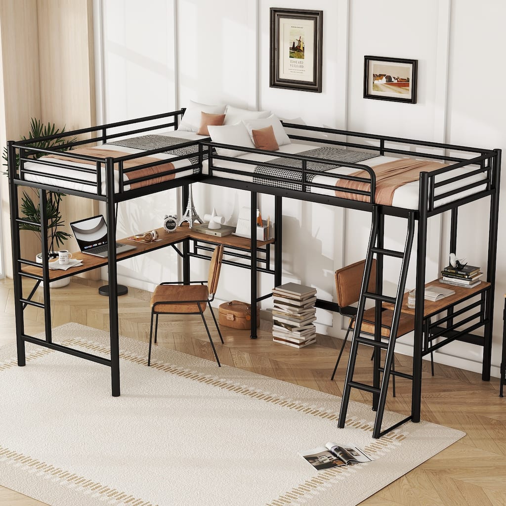Twin Size Metal Loft Bed with Two Built-in Desks, Black