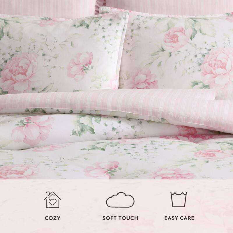 Laura Ashley Serenity Roses Floral Cotton Comforter Set Reversible (Pink)