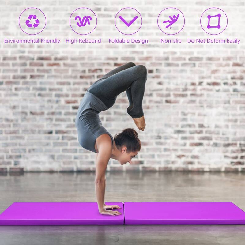 Costway 6''x 2''Gymnastics Yoga Mat Thick Two Folding Panel Gym Purple