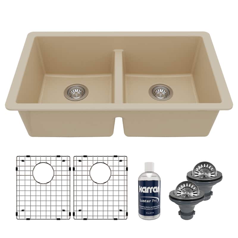 Karran 32" Undermount Double Equal Bowl Quartz Kitchen Sink Kit - 32" x 19.5" x 9" - Bisque