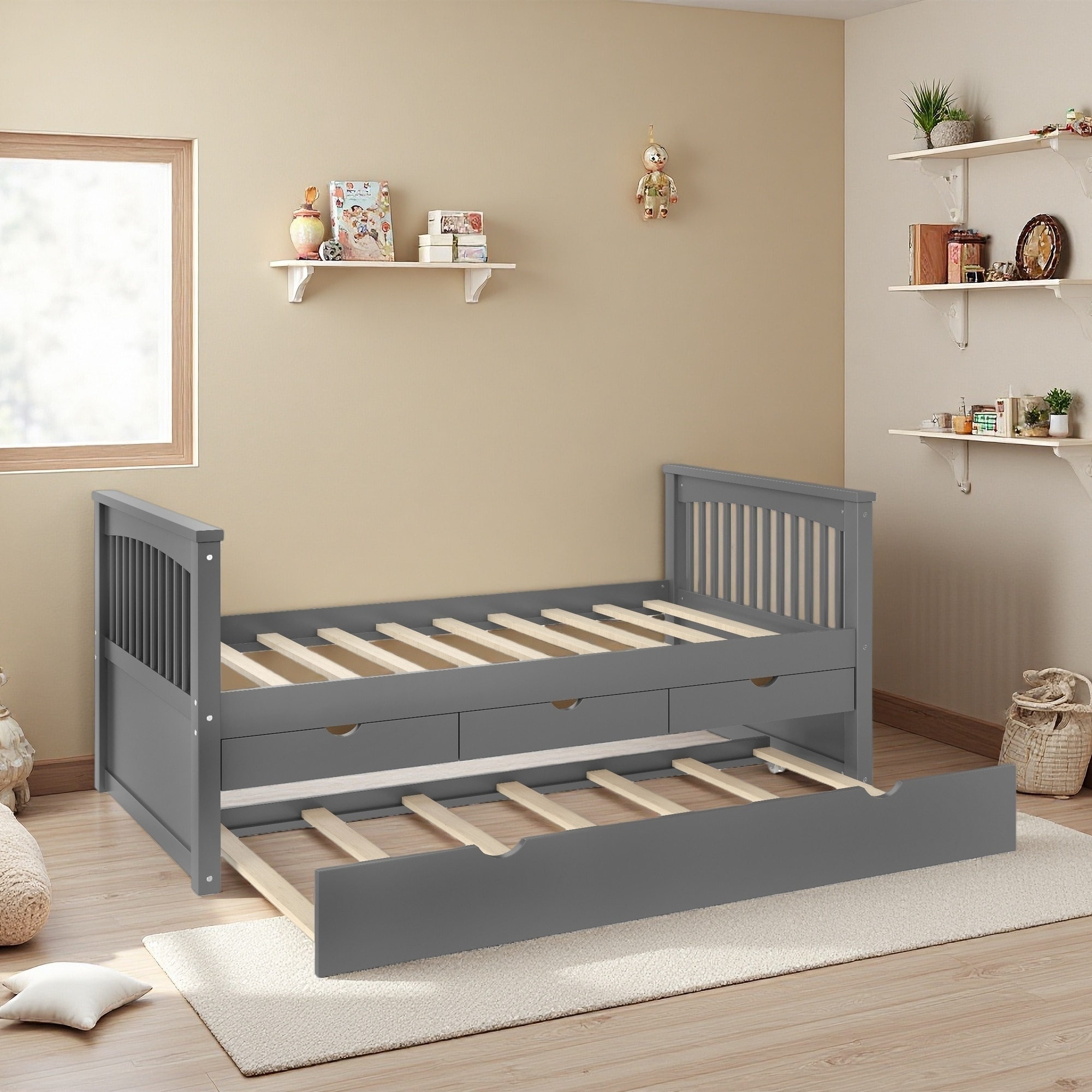 Twin Size Platform Bed with Drawers and Trundle, Solid Wood Daybed, No Box Spring Needed, Smart Storage Solution
