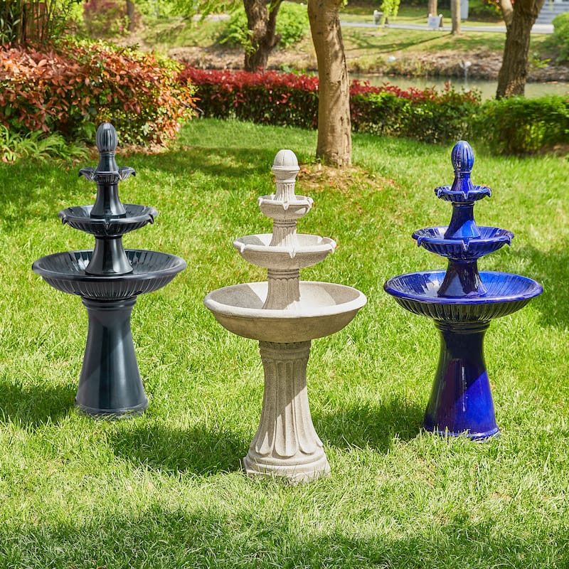 Glitzhome 45"H Oversized 3-Tier Pedestal Lotus Ceramic Resin Outdoor LED Fountains