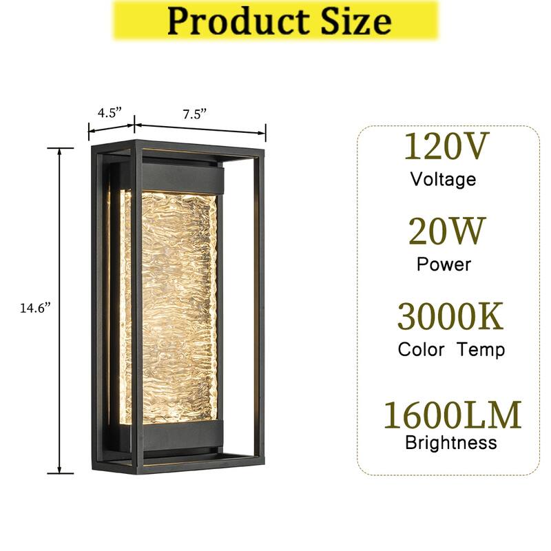 CraftHome Modern Outdoor Integrated LED Black Wall Light with Dusk to Dawn Sensor Matte Black with Textured Glass Wall Lantern