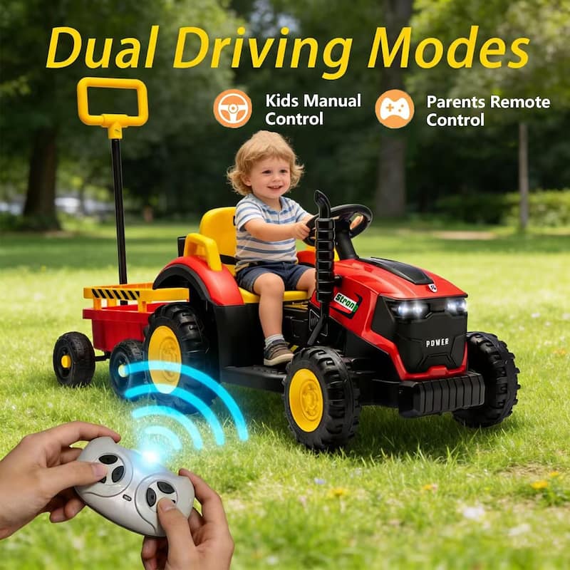 Kids Ride On Tractor with Trailer, Red Remote Control Electric Tractor Ride on Car with Bluetooth Music