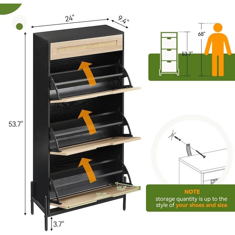 Rattan Shoe Cabinet with 3 Flip Drawers and 1 Small Drawer