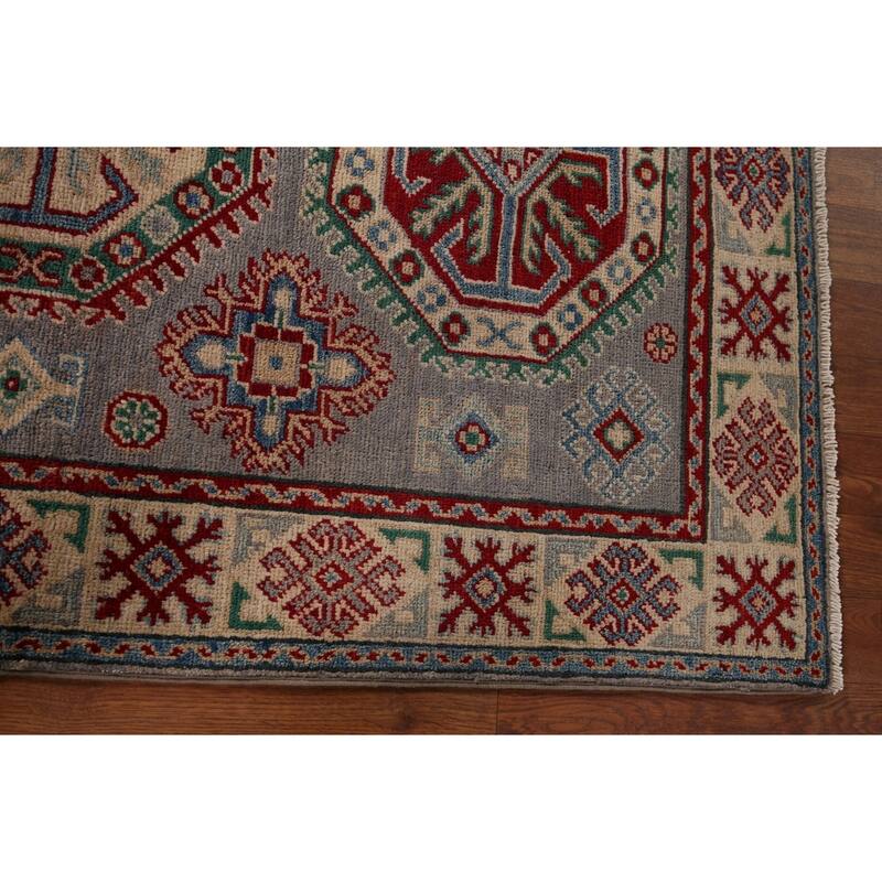 Gray Geometric Kazak Foyer Rug Hand-Knotted Wool Carpet - 3'5" x 4'11"