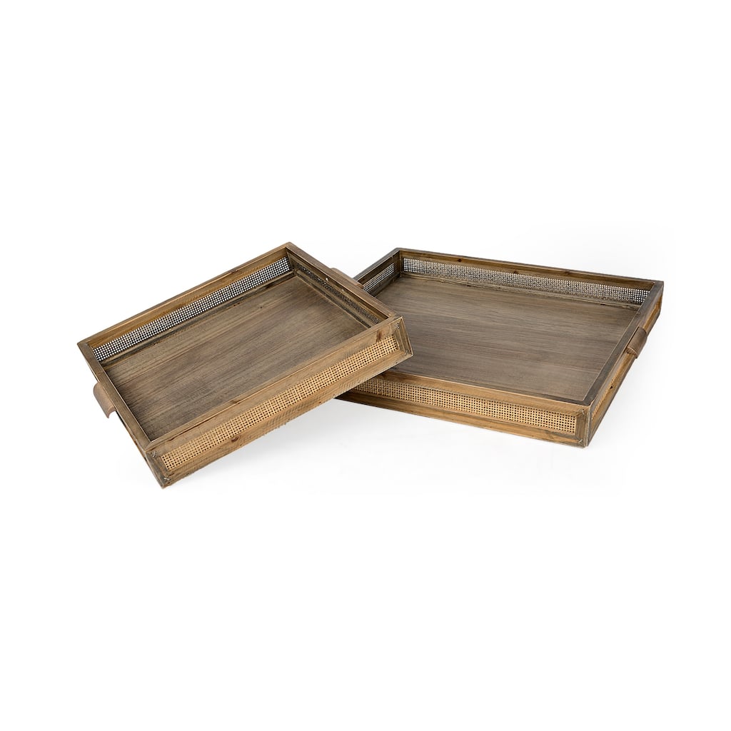 Sonny 23.6L x 23.6W x 2.0H Set of Two Brown Wood and Wicker Square Trays - 23.6L x 23.6W x 2.0H