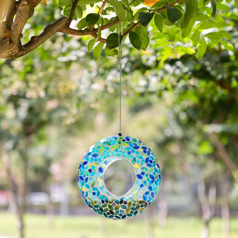 Glitzhome Round Hanging Multi-Color Mosaic Dots Birdfeeder - Green/Blue