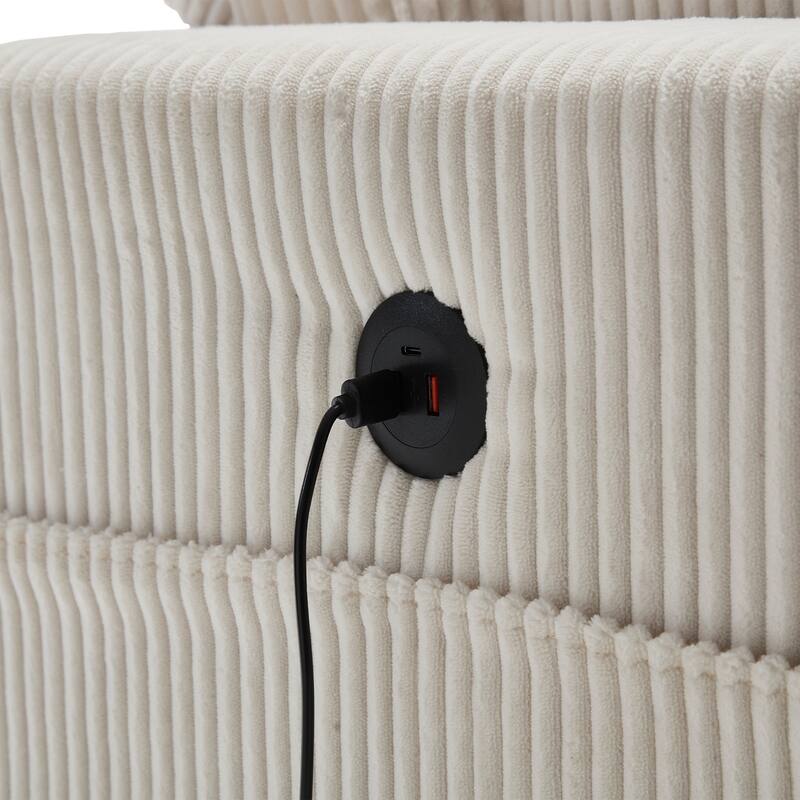 Oversized Corduroy Upholstered Single Chaise Lounge Sofa Couch Switchable Armrest with Cup Holders, USB Ports and Pockets
