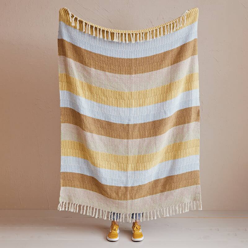Woven Reclaimed Cotton Blend Throw with Stripes and Fringe - Multi - 60.0"L x 50.0"W x 0.1"H