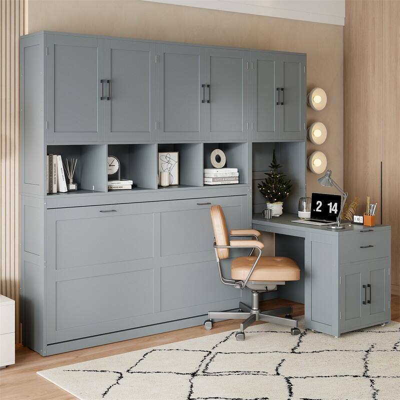Twin Size Murphy Bed with Closet, Desk and Storage Shelves, Space Saving Design Murphy Bed Cabinet with Open Storage