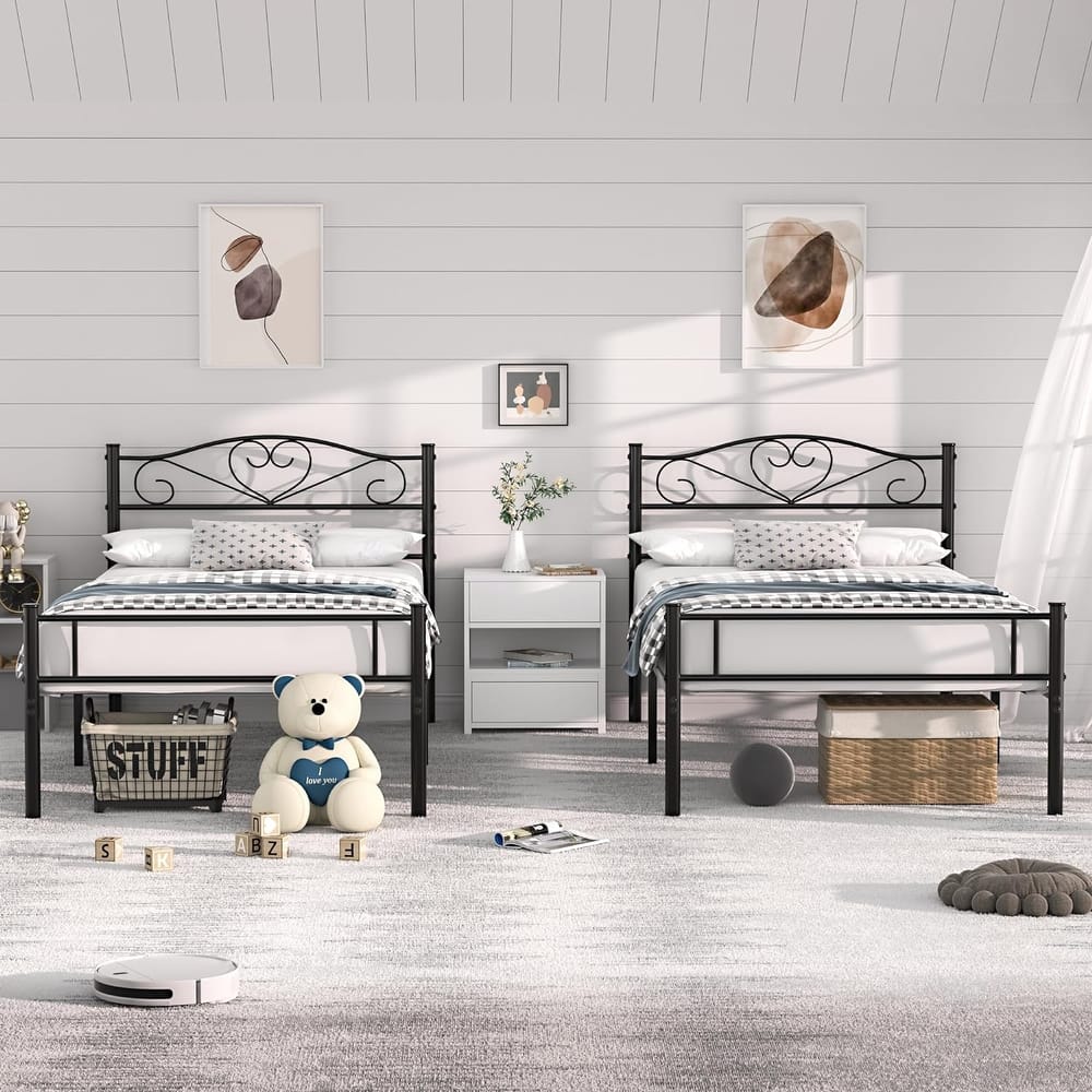 VECELO Twin Size Metal Bed Frame Set of 2 Victorian Style Kids Beds with Heart Pattern Headboard No Box Spring Needed