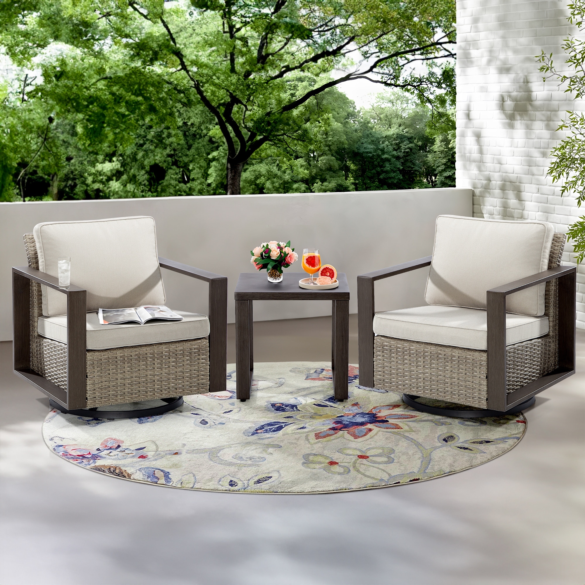 Cozywor 3-Piece Patio Swivel Outdoor Rocking Chair Conversation Set with Side Table