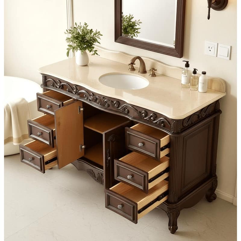 56 inch Traditional Style Cherry Brown Bathroom Sink Vanity With Cream Top