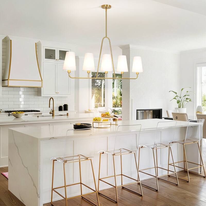 5-Light Mid-Century Modern Linear Pendant Light in Brass Finish White TC Fabric Shade for Dining Room and Kitchen Island
