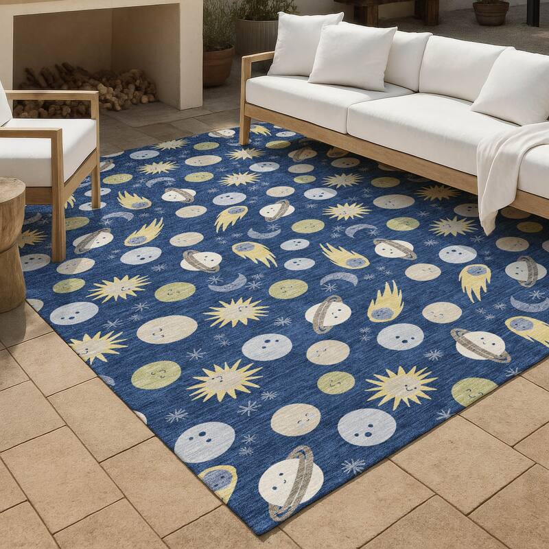 Machine Washable Indoor/ Outdoor Planets Comets Chantille Rug - Navy - 9' x 12'