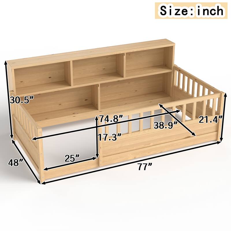 Wooden Floor Bed with Fence Guardrails, Montessori Style Kids Bed Frame with Side Storage Design