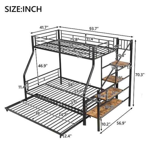 dimension image slide 0 of 2, Twin Over Full Size Metal Bunk Bed with Trundle & Storage Staircase, Bedroom Heavy Duty Bed Frame with Full-Length Guardrail