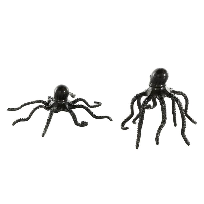 Black Aluminum Metal Octopus Decorative Sculpture with Textured Tentacles (Set of 2)
