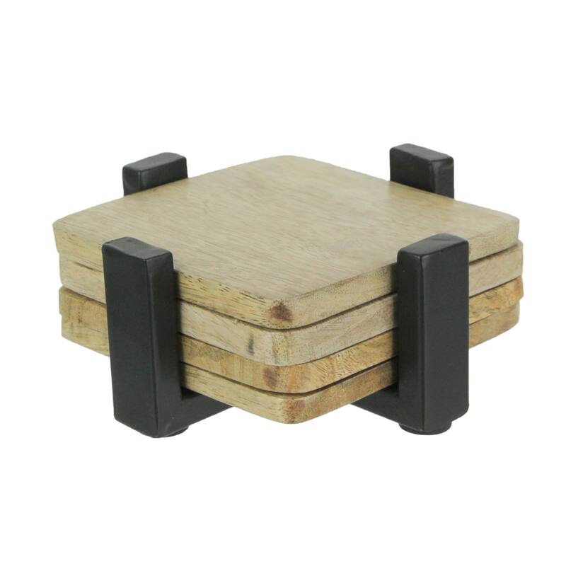Square Wood Coasters Metal Holder Table Drink Accessory (Set Of 4) - 2.25 X 5 X 5 inches