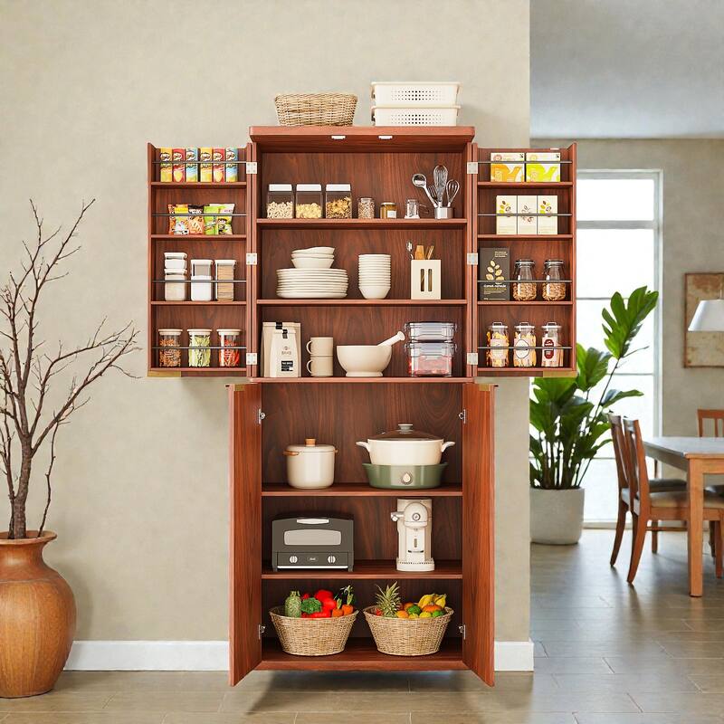 72" Tall Modern Fluted Wood Kitchen Pantry Cabinet with Doors, 6 Shelves & Door Storage for Kitchen or Dining Room