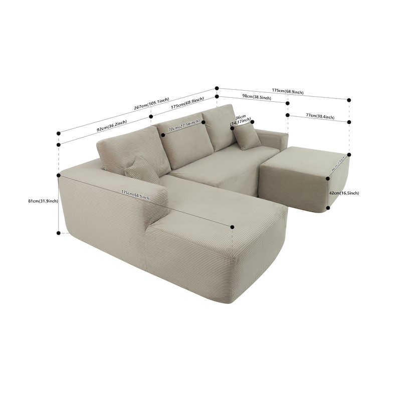 105" Cloud Sectional Couch with U-Shaped Chaise, Modular Corduroy Sofa with Deep Seats, Upholstered Living Room Couch