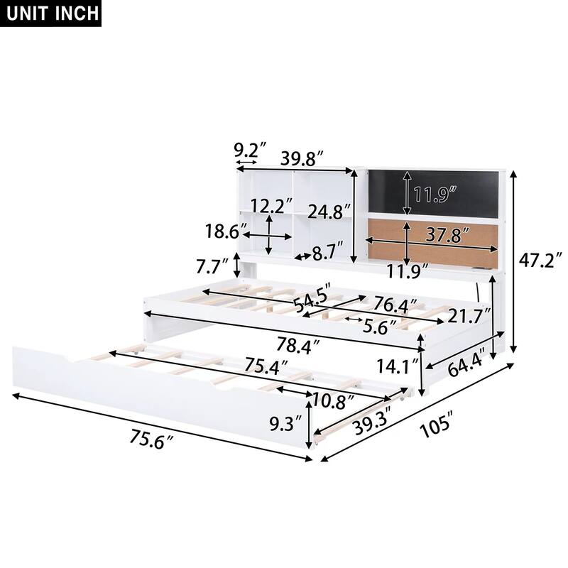 Full Size Wood Daybed with Storage Shelves, Blackboard, Cork Board, USB Charging Ports, and Trundle