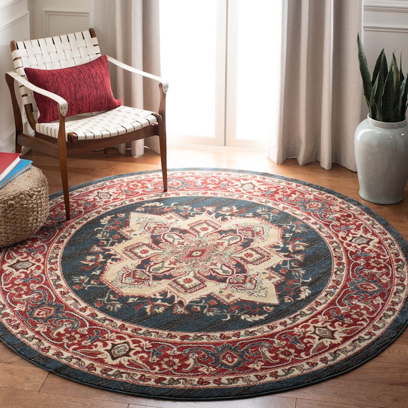 SAFAVIEH Mahal Jeraldine Traditional Oriental Rug - 6'7" Round - Navy/Red