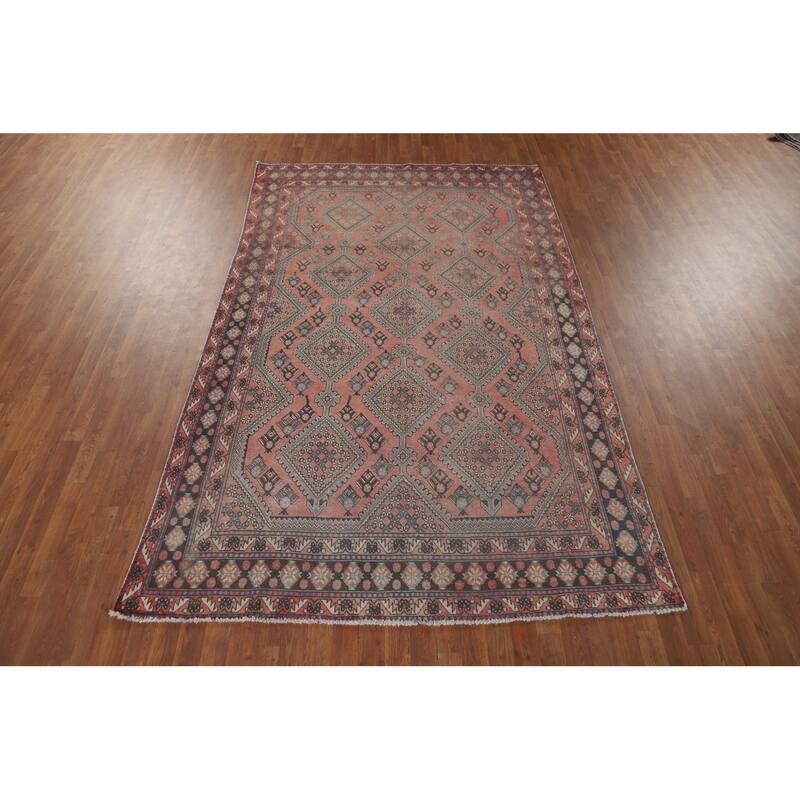 Pink Geometric Joshaghan Vintage Persian Rug Hand-Knotted Wool Carpet - 6'2" x 9'9"