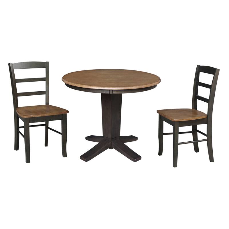 36 in Solid Wood Round Top Pedestal Dining Table with Dining Chairs - 3-Piece - Hickory/Washed Coal