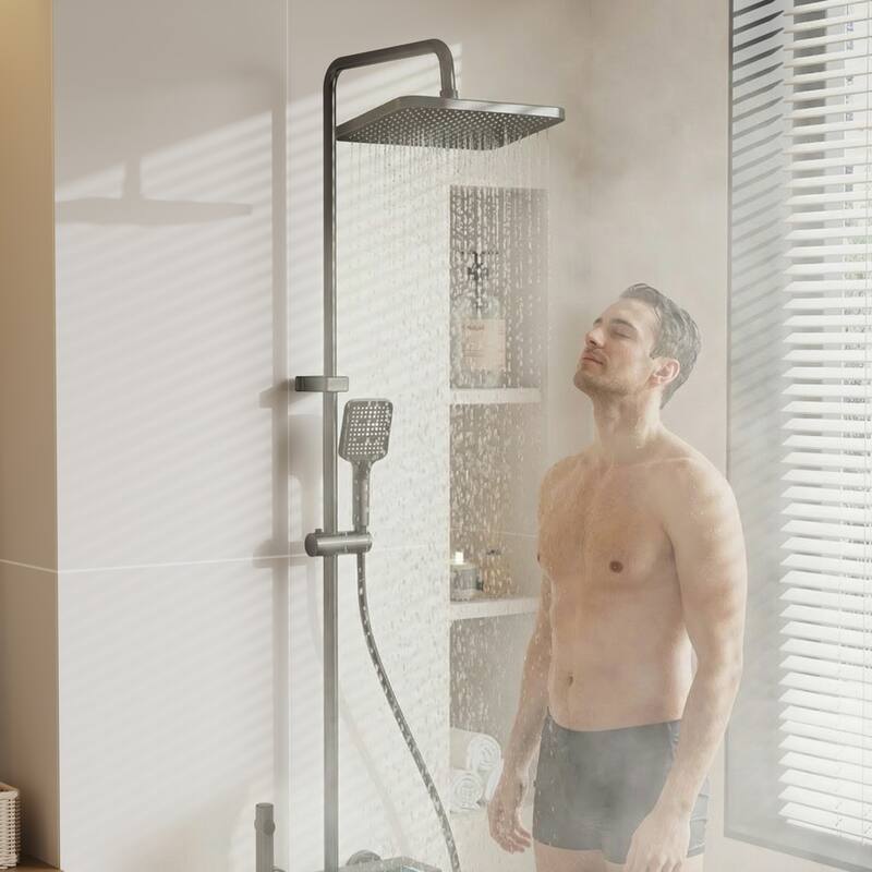 Shower System with LED Temperature Display, 4 Function Piano Button Shower Panel with Rainfall Shower Head, Handheld Shower