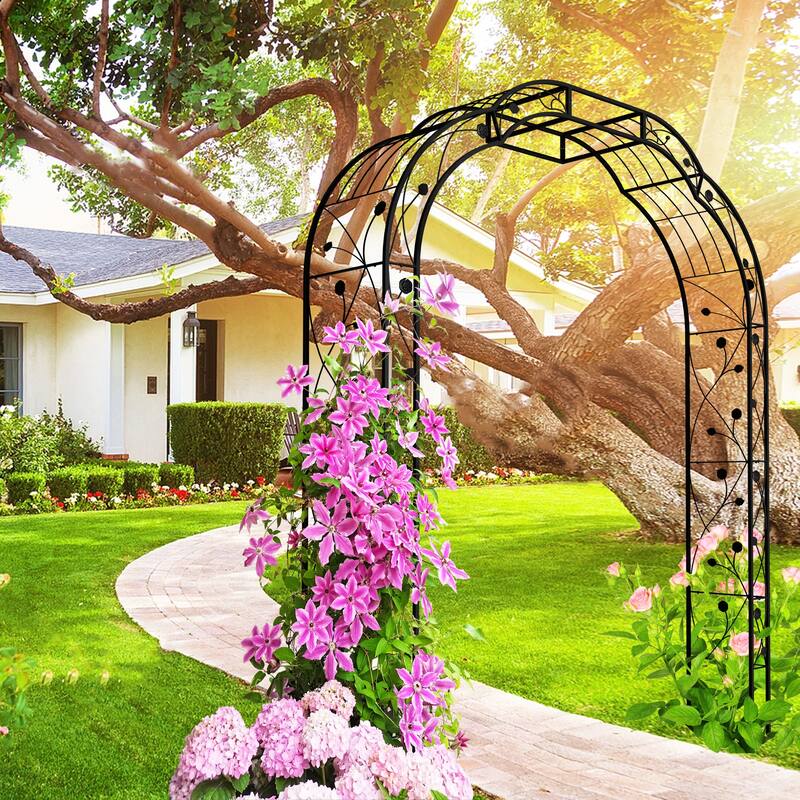 Anmytek Metal Garden Arch with Intricate Scrollwork, Weather Resistant Black Finish, Climbing Plant Trellis for Roses, Clematis - Black