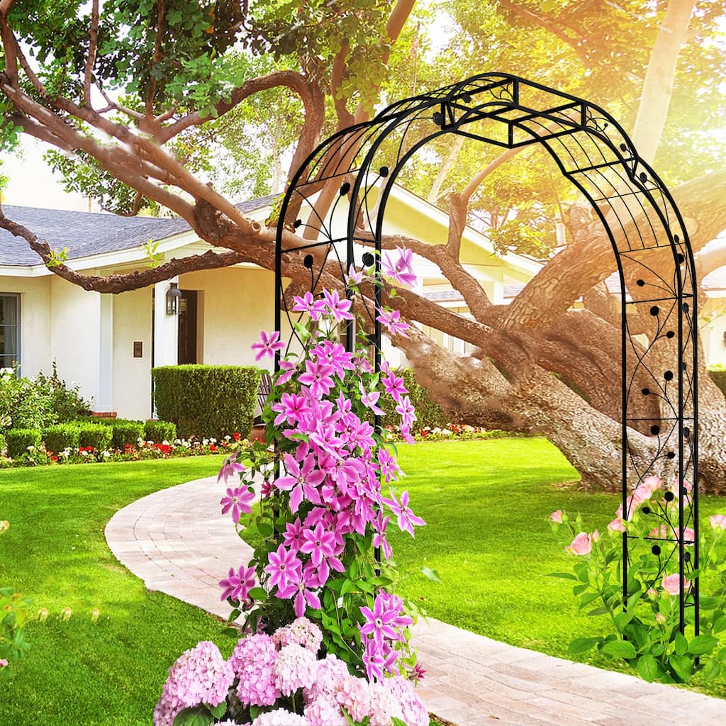 Anmytek Metal Garden Arch with Intricate Scrollwork, Weather Resistant Black Finish, Climbing Plant Trellis for Roses, Clematis