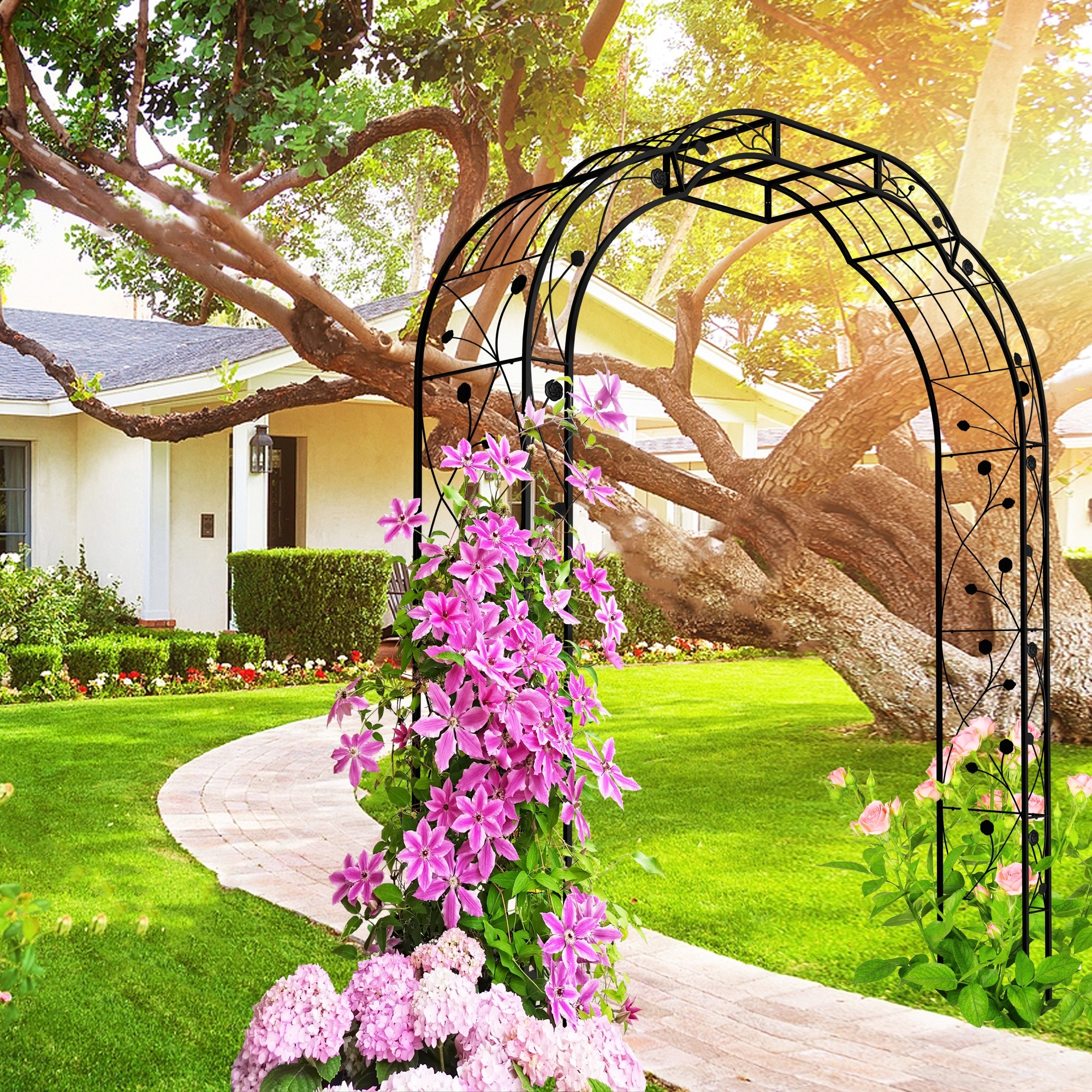 Metal Garden Arch "W74.4 x H98.4" Garden Arbor Trellis Climbing Plants Support Rose Arch Outdoor Arch Black