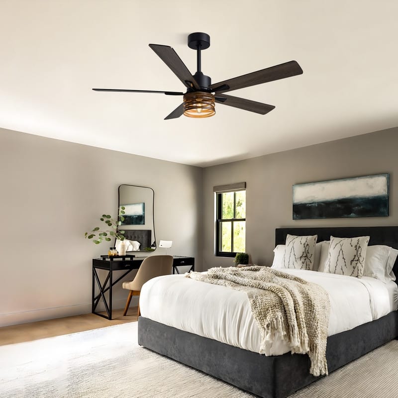 52 Inch Farmhouse Ceiling Fans with Lights and Remote Wood Black Industrial Rustic Caged Ceiling Fan for Bedroom Living Room