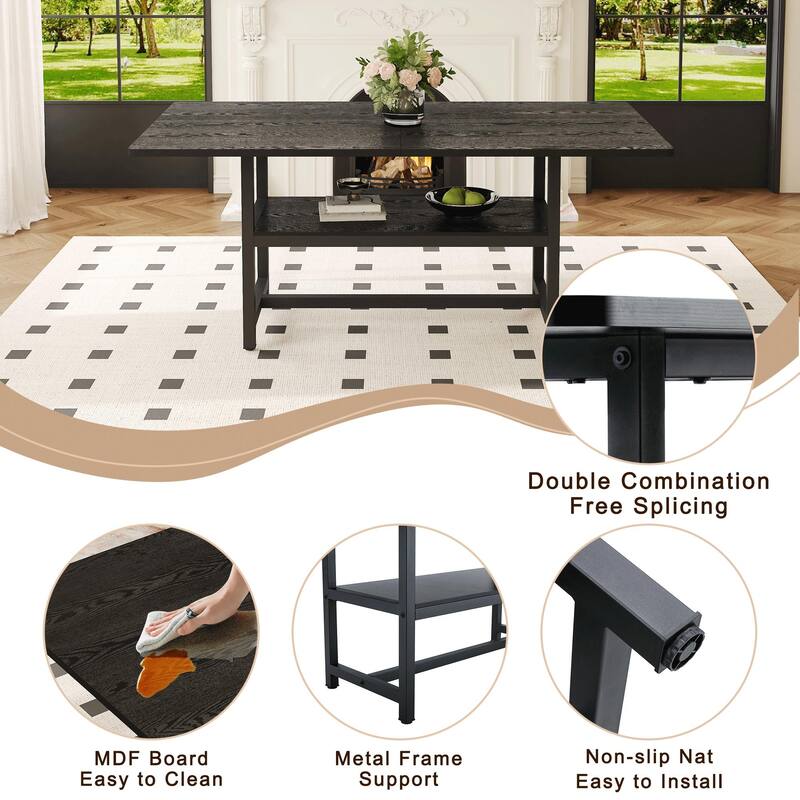 Extra Long Dining Table with Under Table Storage Shelf Black MDF Top Metal Legs Modern Design