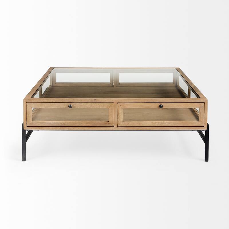 Arelius Light Brown Solid Wood w/ Black Iron Base Square Display Coffee Table