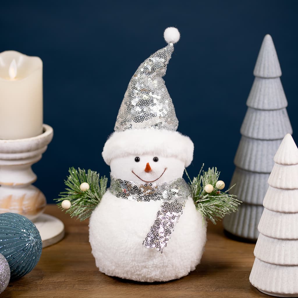 Frosted Sequined Christmas Snowman Figure - 12" - White and Silver
