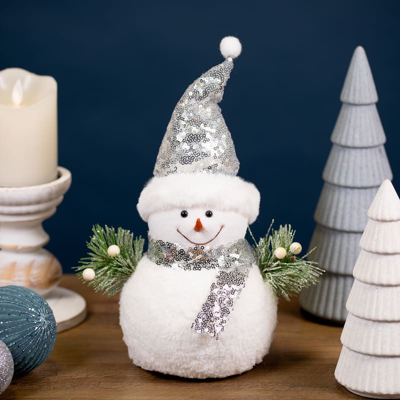 Frosted Sequined Christmas Snowman Figure - 12" - White and Silver