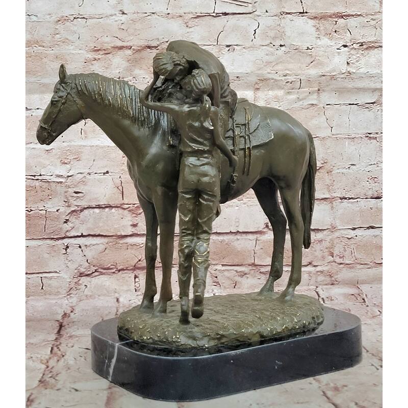 Bronze Equestrian Statue – Children Embracing Imitative Horse On Marble
