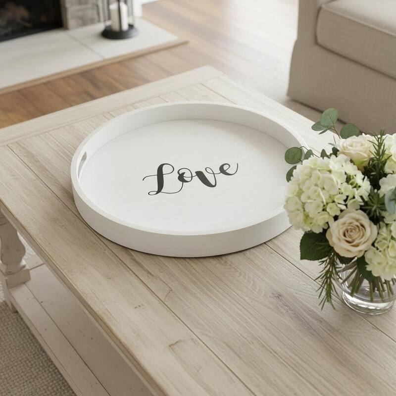 HomeRoots 14" Gray And Black Love Round Serving Tray With Handles - 13.75 in. x 1.65 in. x 13.75 in. - Black/Gray - 13.75 in. x 1.65 in.  x 13.75 in.
