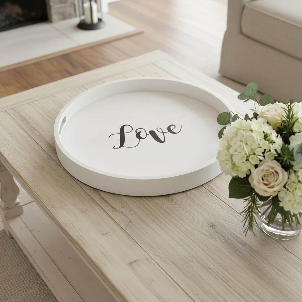 HomeRoots 14" Gray And Black Love Round Serving Tray With Handles - 13.75 in. x 1.65 in. x 13.75 in.