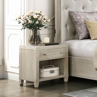 Oak Finish Nightstand with Charging Ports Storage Drawer 1pc