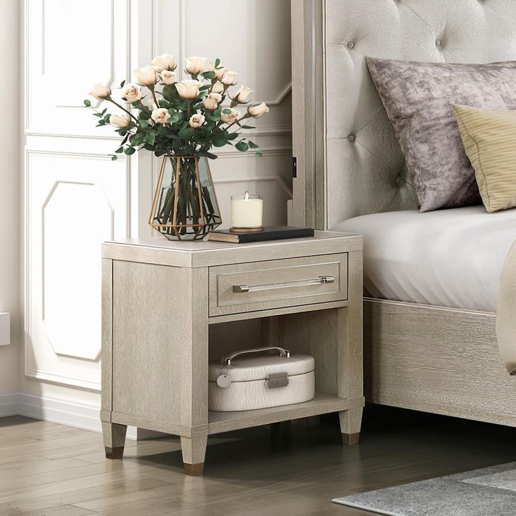 Oak Finish Nightstand with Charging Ports Storage Drawer 1pc